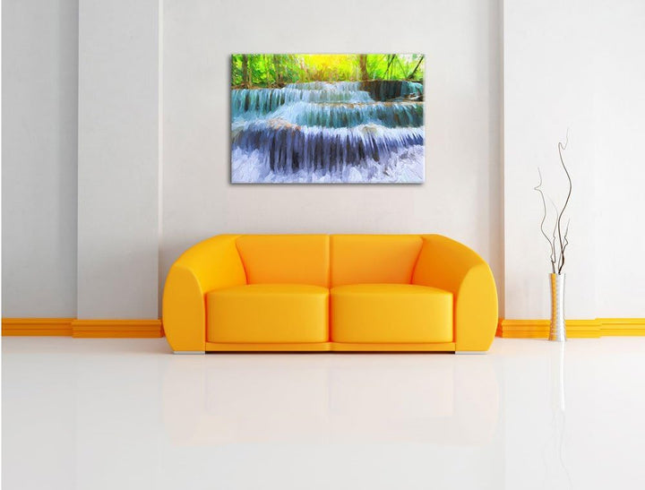 Pixxprint Wasserfall im Regenwald / 100x70cm Leinwandbild bespannt auf Holzrahmen/Wandbild Kunstdruc