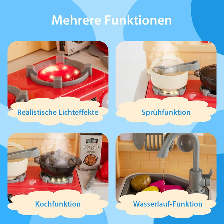 COSTWAY 69 TLG. Kinderküche mit Lichter & Dampf & Musik & Sound, Spielküche inkl. Zubehör, Kinderspi