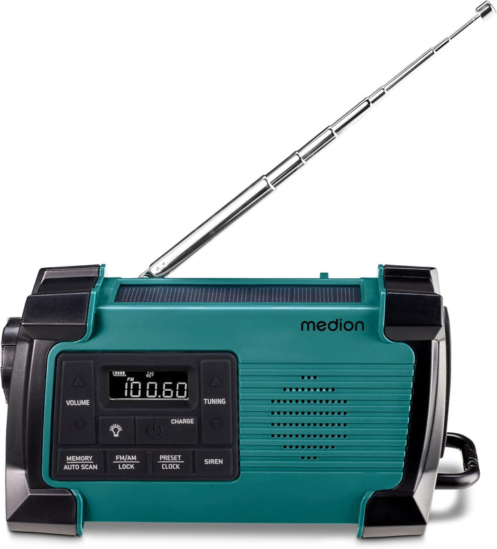 MEDION E66805 Kurbelradio (Solar, Dynamo Handkurbel, Baustellenradio, PLL UKW Radio, Taschenlampe IP