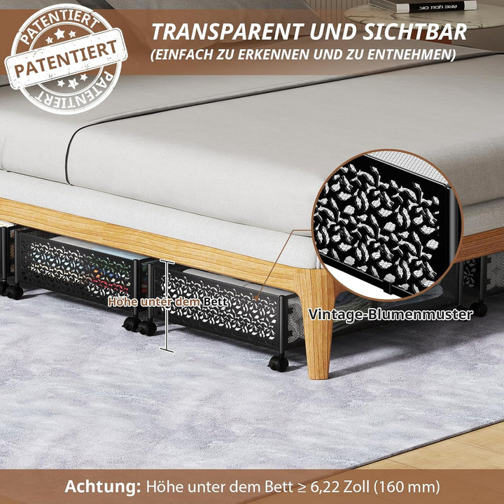 PHINOX Unterbett-Aufbewahrungsbox mit Rollen, 2 Stück faltbare Metall-Unterbettkommode zur Kleiderau