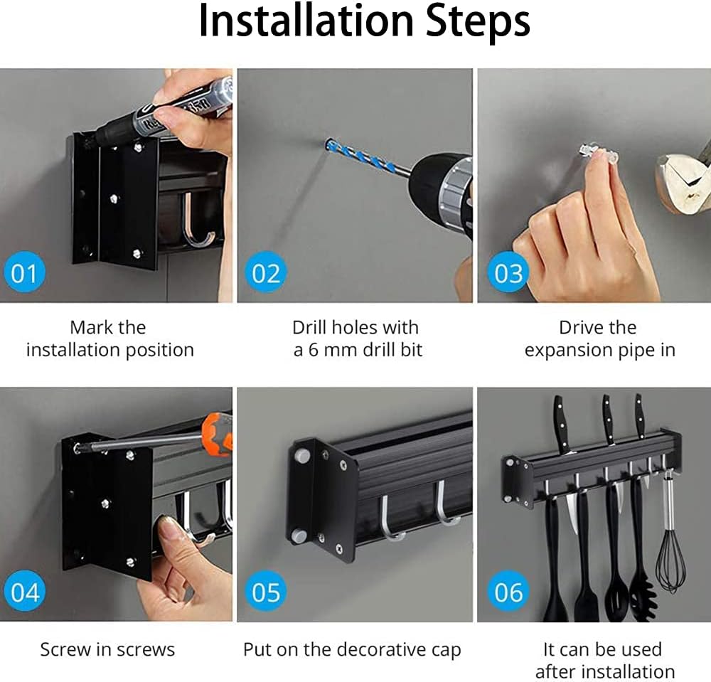 Hakenleiste Küche, Küchenhalterung Ohne Bohren mit Haken, Messerblock Ohne Messer, Küchenreling mit