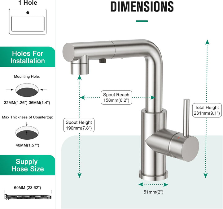 CREA Wasserhahn Küche mit 3 Funktionen Brause,360° Drehbar Hochdruck Einhebelmischer Mischbatterie S