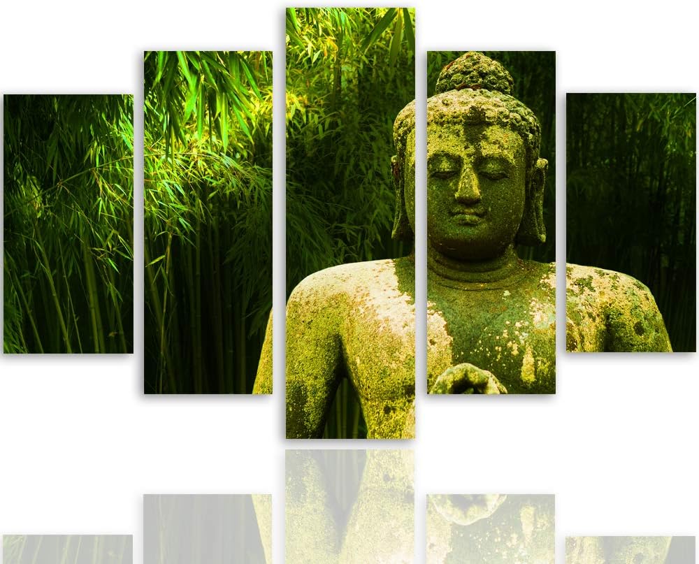 Feeby Wandbild XXL 5 Teilig Buddha Leinwandbild Statue Natur Blätter grün 300x140 cm Leinwandbild 30