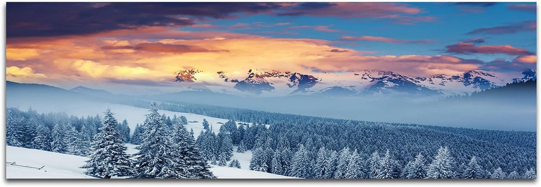 Wandbild auf Leinwand als Panorama in 150x50cm Ukraine Berge Wald Winter Schnee Wolken
