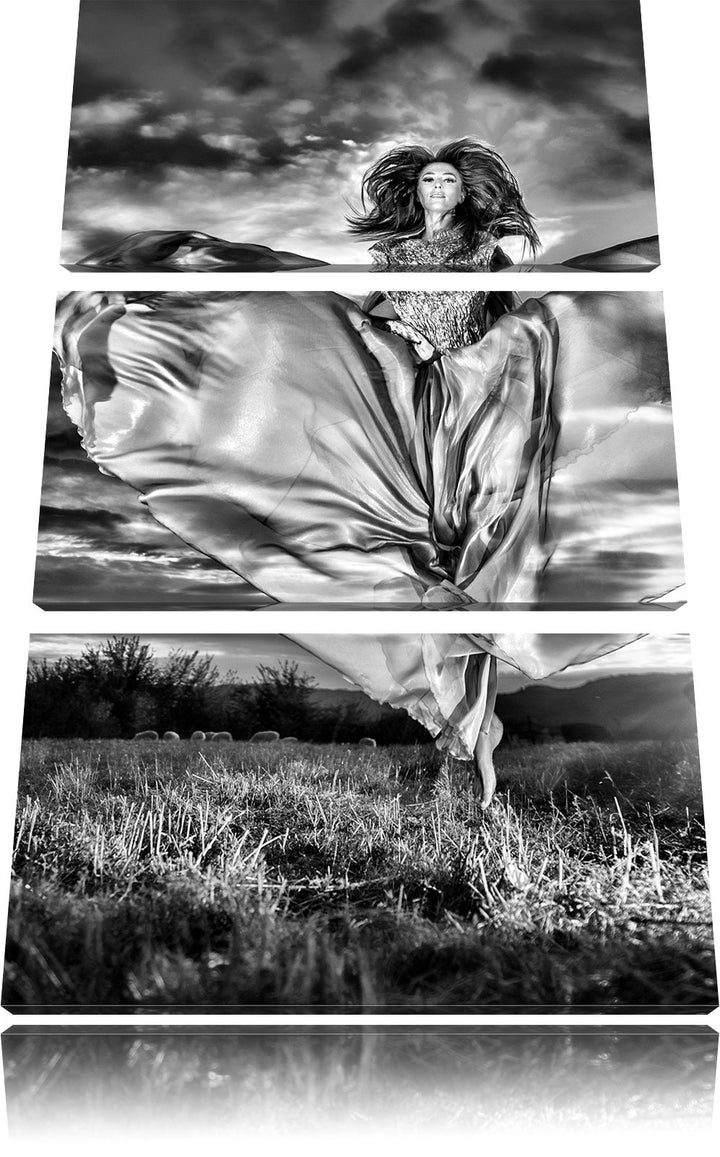 Pixxprint Frau mit Kleid bei Sonnenuntergang als Leinwandbild/Grösse: 3 Teilig (120x80) cm/Wandbild/