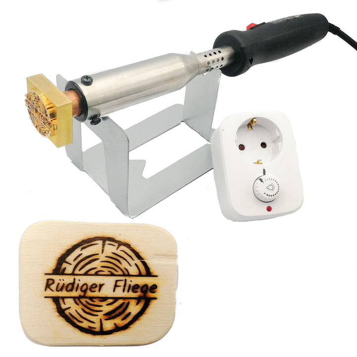elektrischer Brandstempel mit deinem Schriftzug im Motiv "Holzscheibe Rund" für Holz, Leder, Pappe -