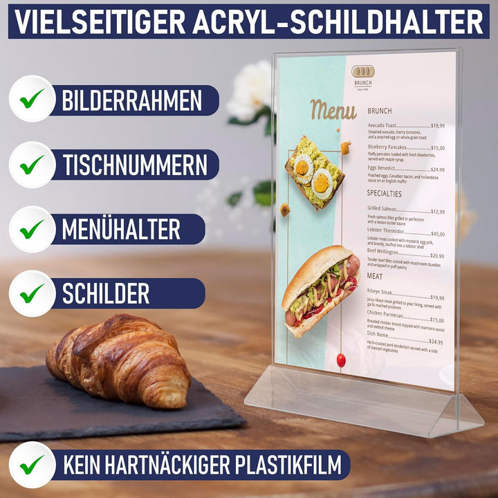 Acryl-Schilderhalter A4, 6 Stück, T-förmiger Menühalter mit einfachem Design von unten, doppelseitig