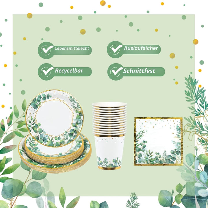 Grün Partygeschirr Set,96Pcs Green Gold Baby Shower Pappteller,Olive Grün Einwegteller Set mit Pappt