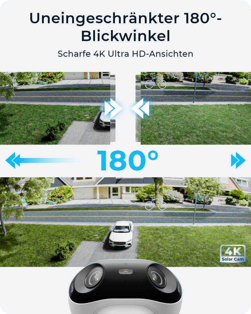 Reolink Argus 4 4K Überwachungskamera Aussen Solar, 180°-Weitwinkel und KI-Erkennung, 8MP Kabellose