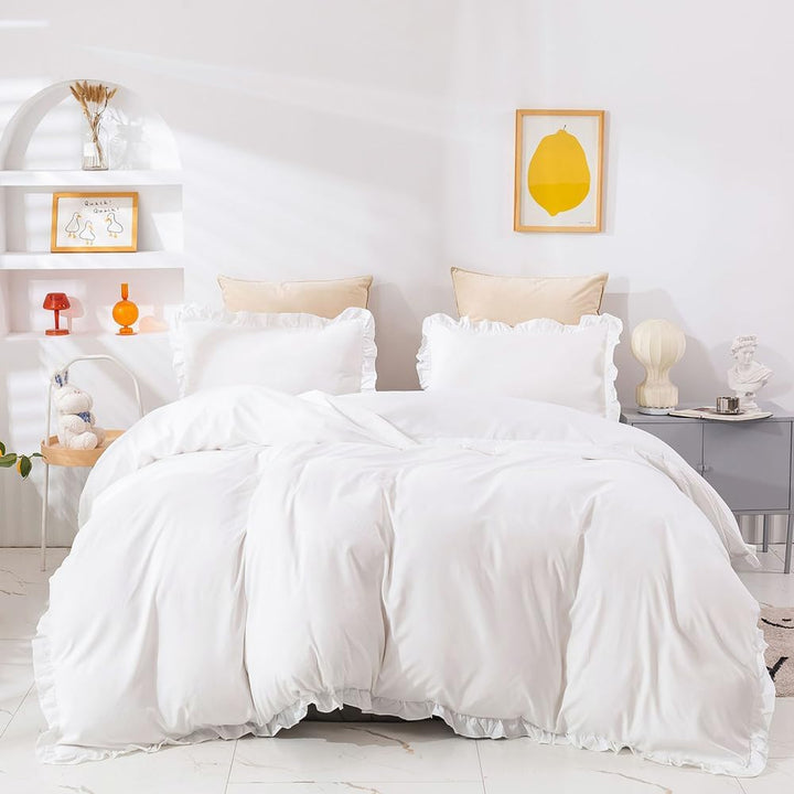 Bettwäsche Rüschen 135x200 Weiss Uni Einfarbig Romantisch Bettwäsche Set mit Rüschen 100% Weich Mikr