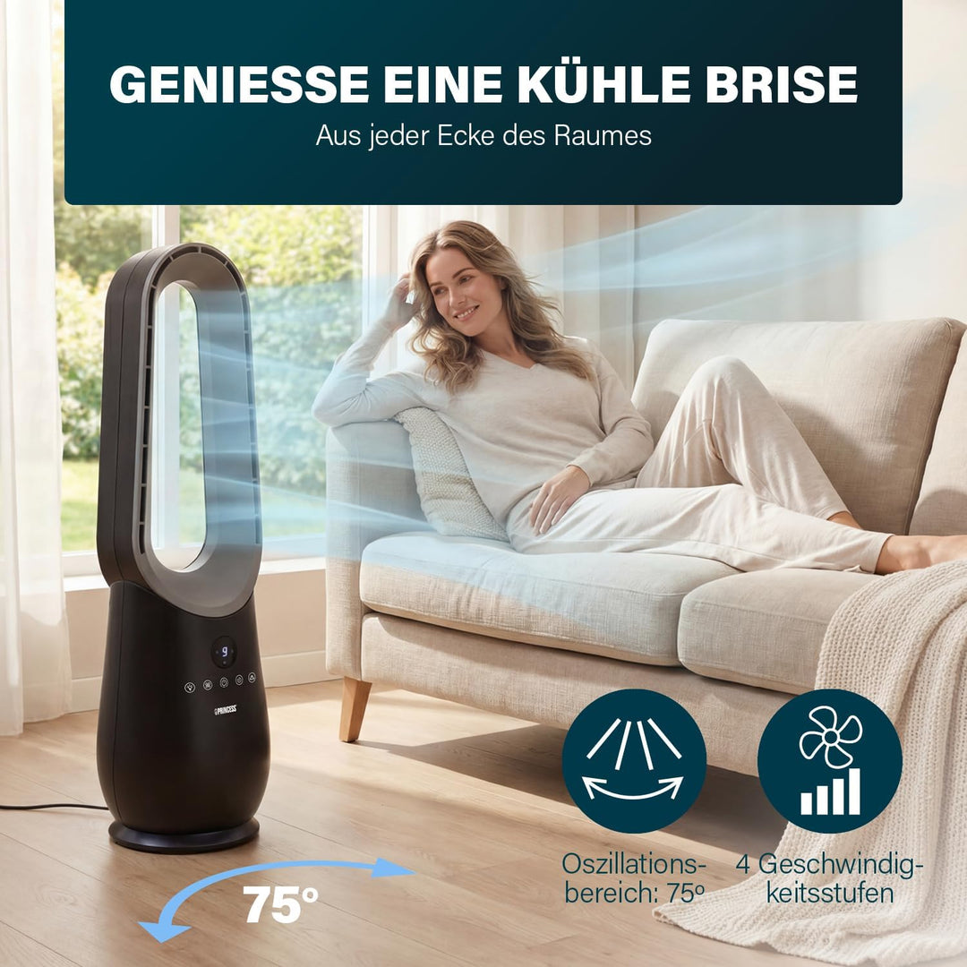 Princess Ventilator ohne Blätter – 70 W – Stimmungslicht – Niedriger Verbrauch – 75°-Oszillation – 3