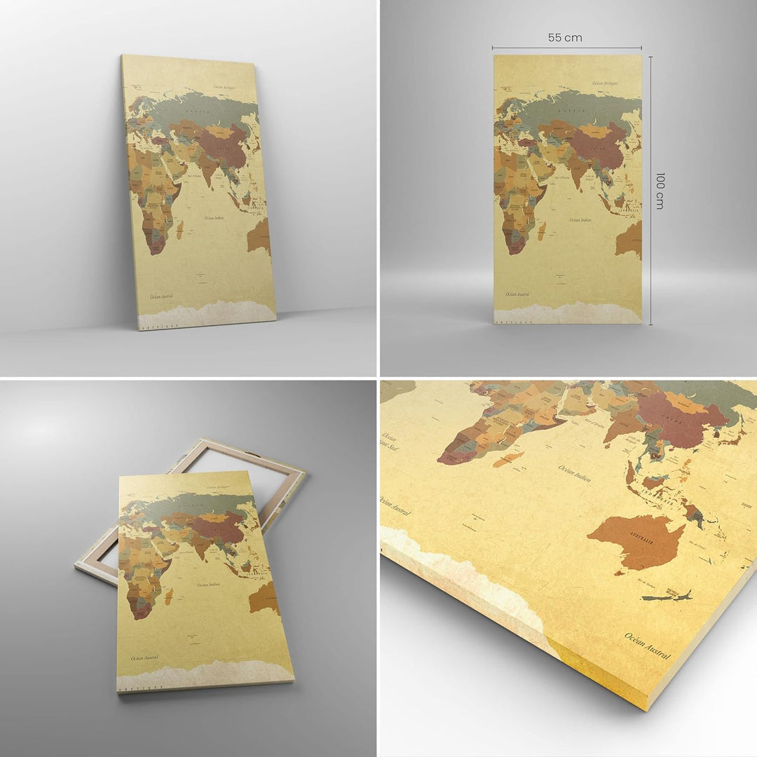Bilder auf Leinwand 55x100cm Leinwandbild mit Rahmen Karte Welt Land Gross Wanddeko Bild Schlafzimme