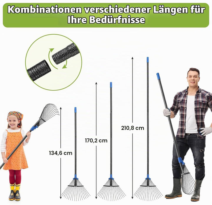 Gartenrechen Laubrechen, 18-zinkiger Metallrechen mit verstellbarem Kopf 25-45 cm, Rasenrechen Laubb