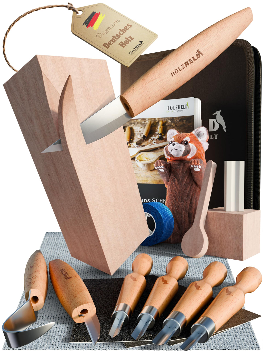 HOLZHELD hochwertiges Schnitzwerkzeug (24 teil.) inkl. 32 S. Anleitung 4 Vorlagen u dt. Schnitzholz