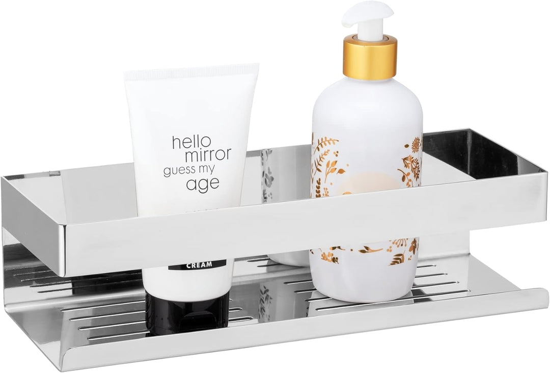 WENKO Turbo-Loc Wandablage Genova Shine, Bad-Ablage, Befestigen ohne Bohren, 30 x 8 x 10,5 cm, Silbe