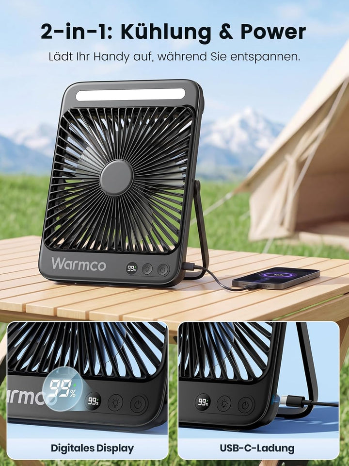 Warmco 20000mAh Tragbarer Camping Ventilator 27cm mit LED-Licht, Ultra-Leise, Dünn, Digitalanzeige,