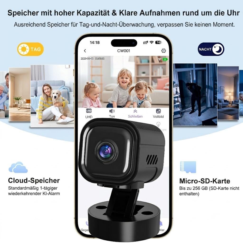 Überwachungskamera 2K-Drahtlose Innenkamera mit Sicherheitskamera(Schwarz) | 30-Tage Akkulaufzeit 2.