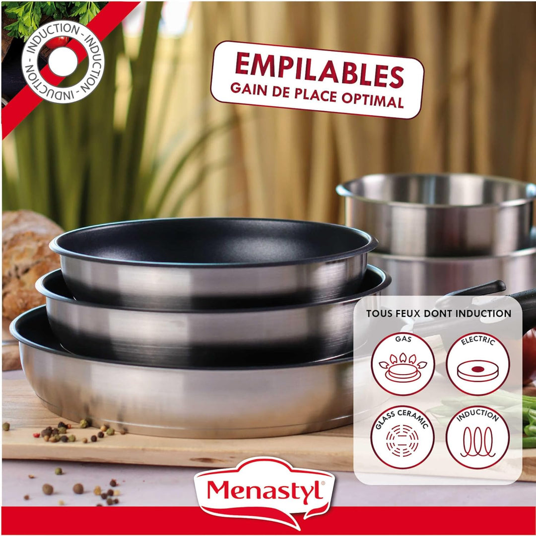 Kochgeschirr-Set - Induktion - MENASTYL - 7930018 - Edelstahl - 6-teilig - Abnehmbarer Griff - Grau