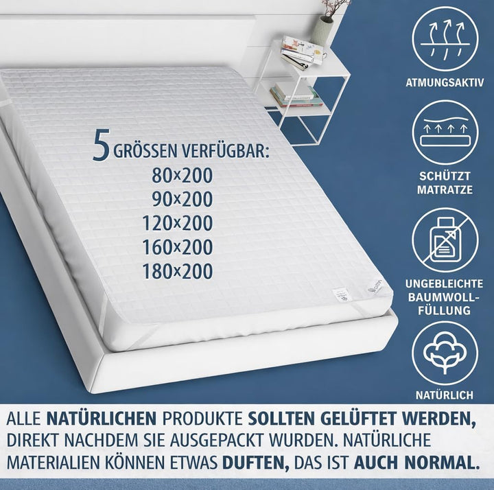 FAM Home Matratzenschoner mit 4 elastischen Ecken, Topper, natürlich und atmungsaktiv, Bettbezug für