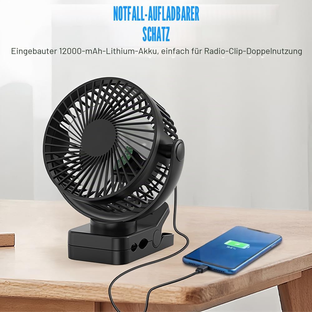 Camping Ventilator, 12000 MAh Mini USB Ventilator Leise mit Fernbedienung &amp; Timerfunktion, 3 Geschwi
