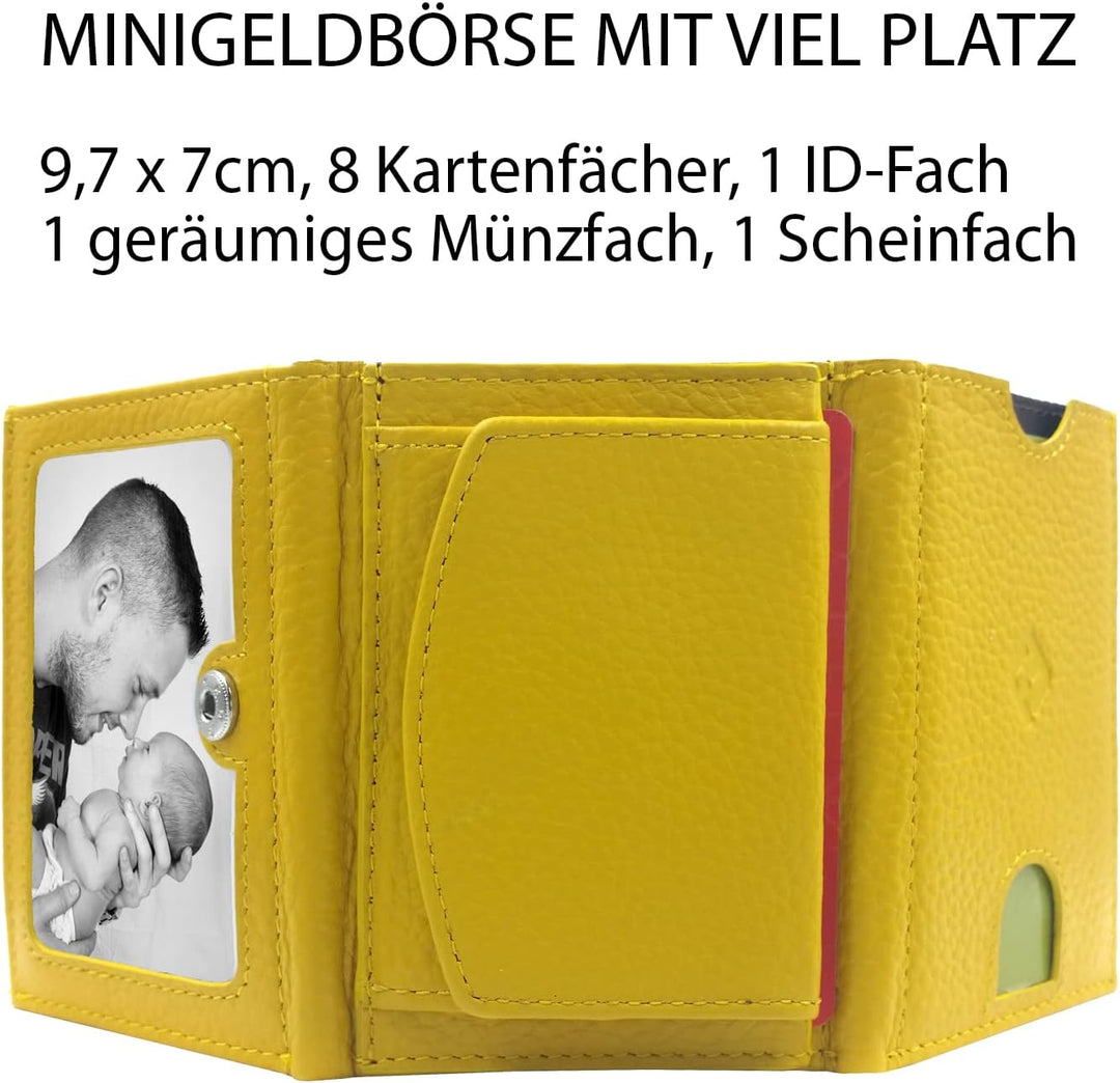 Mini Geldbörse Damen, Reise Portemonnaie klein viele Fächer, Leder gelb, RFID Blocker, Münzfach gros