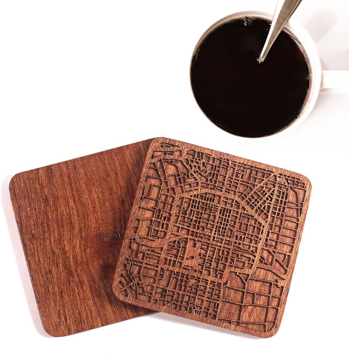 Xi'an Untersetzer mit Landkarte aus Sapeli-Holz, 4 Stück, mit Stadtkarte, mehrere Stadt optional, ha