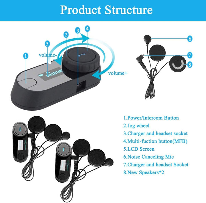 FreedConn Motorrad Kommunikation System, Helm Bluetooth Intercom,Helm Headset(800m Reichweite,Damit