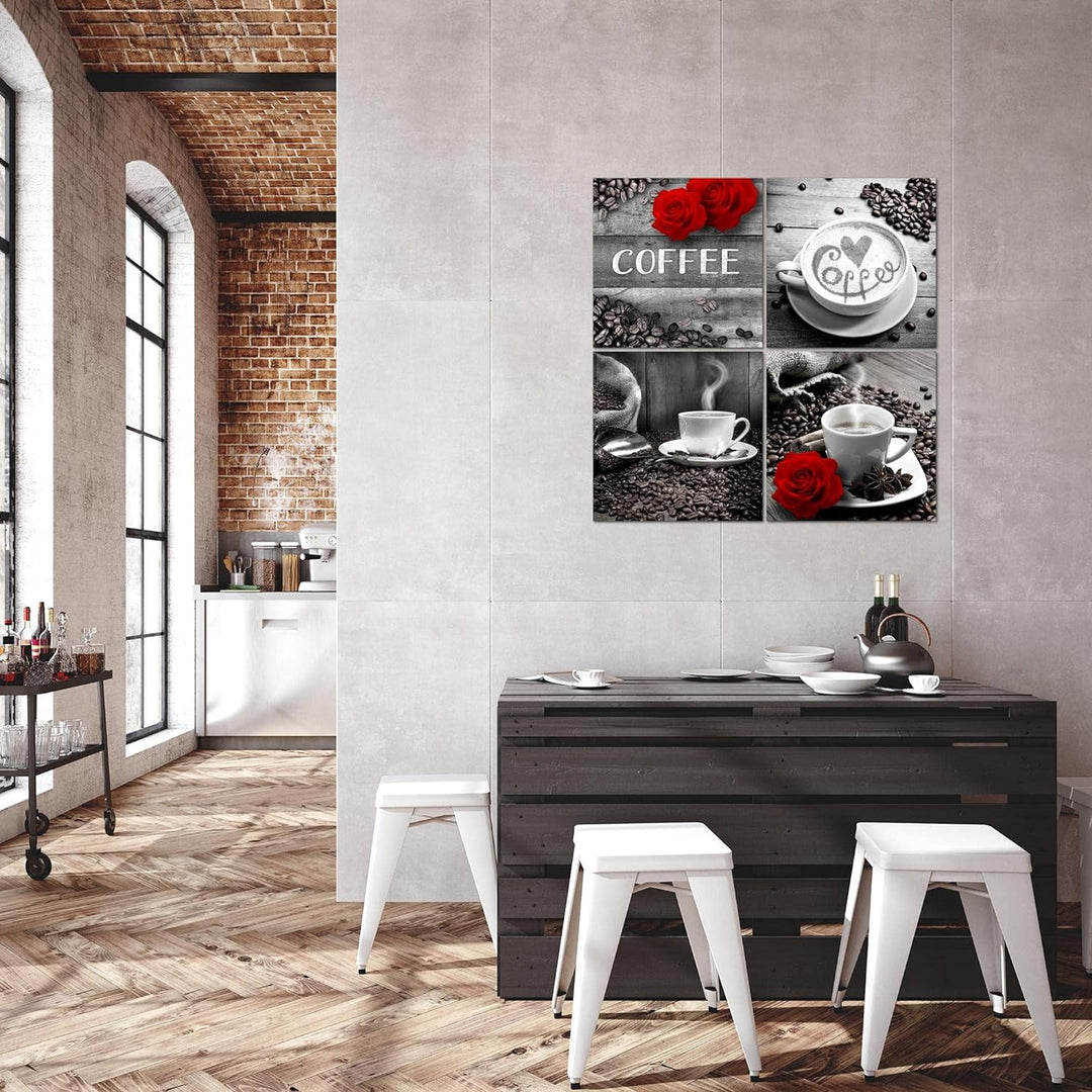 Runa Art - Bilder Kaffee Küche Wandbild auf Vlies Leinwand Esszimmer Küchenbilder 4 Teilig 80 x 80 c