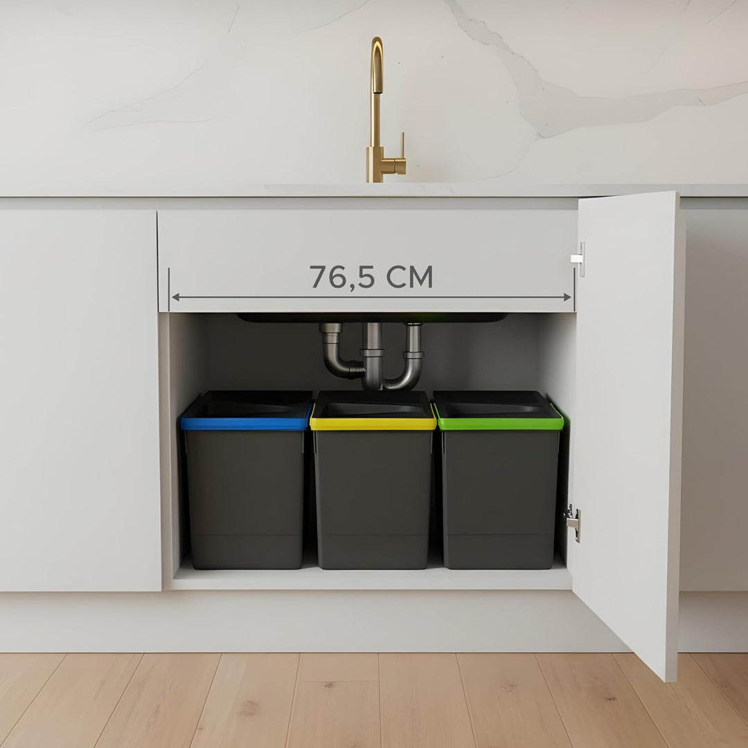 Mülltrennsystem 3x15l anthrazit, Mülleimer Küche für Schublade oder Unterschrank, geruchsdicht, spül