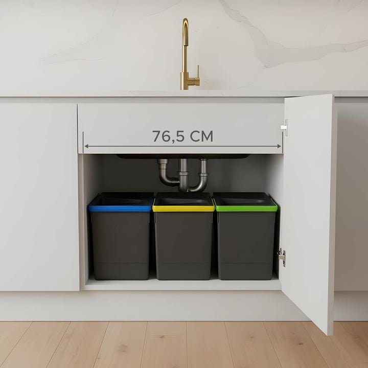Mülltrennsystem 3x15l anthrazit, Mülleimer Küche für Schublade oder Unterschrank, geruchsdicht, spül
