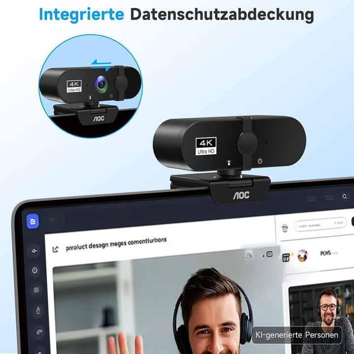 AOC Webcam 4K Ultra HD, Webcam mit Mikrofon & Objektivabdeckung, PC Kamera Plug & Play, 99° Ansicht,