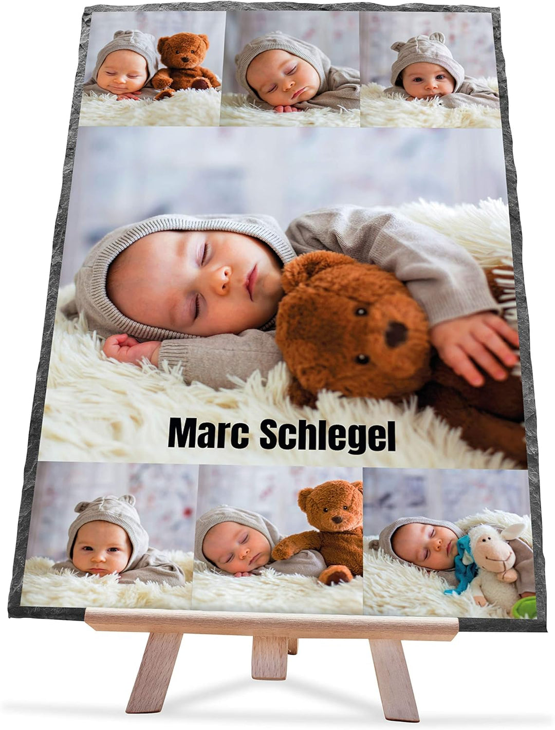 wandmotiv24 Schieferplatte mit eigenen Fotos zur Geburt, 20 x 30 cm, inklusive Staffelei, 7 Fotos +