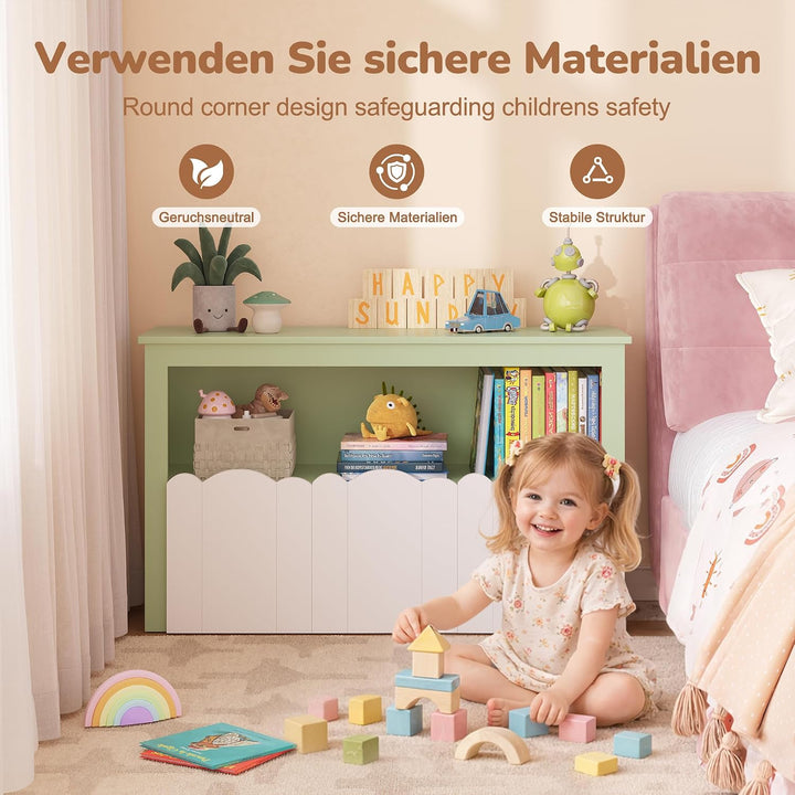 YOUDENOVA Kinderregal mit 3 Boxen &amp; Rollen, 102,2x33x61,5 cm Premium Spielzeugaufbewahrung und Büche