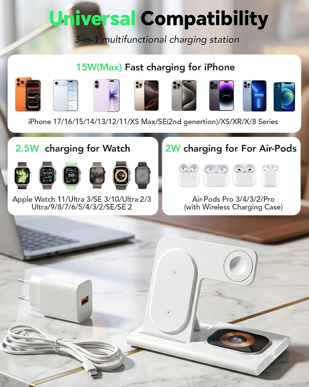 Aimtel 3 in 1 Ladestation für Apple Watch iPhone Faltbare&amp;Nachtlichter weiss, weiss