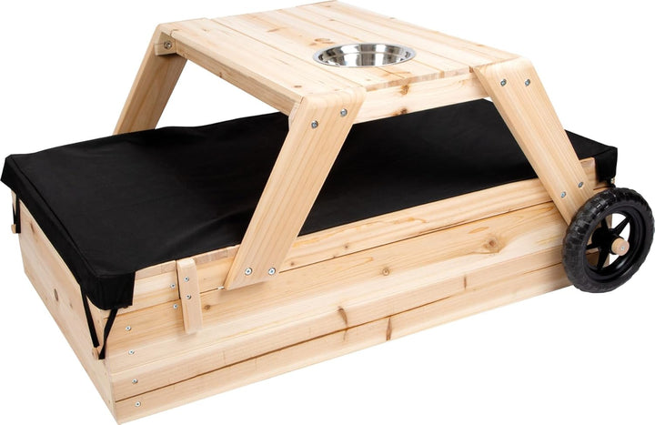 Small Foot Sandkasten mit Sitzgruppe und Matschtisch aus Holz, 3-in-1 Sandkiste zum Zusammenschieben