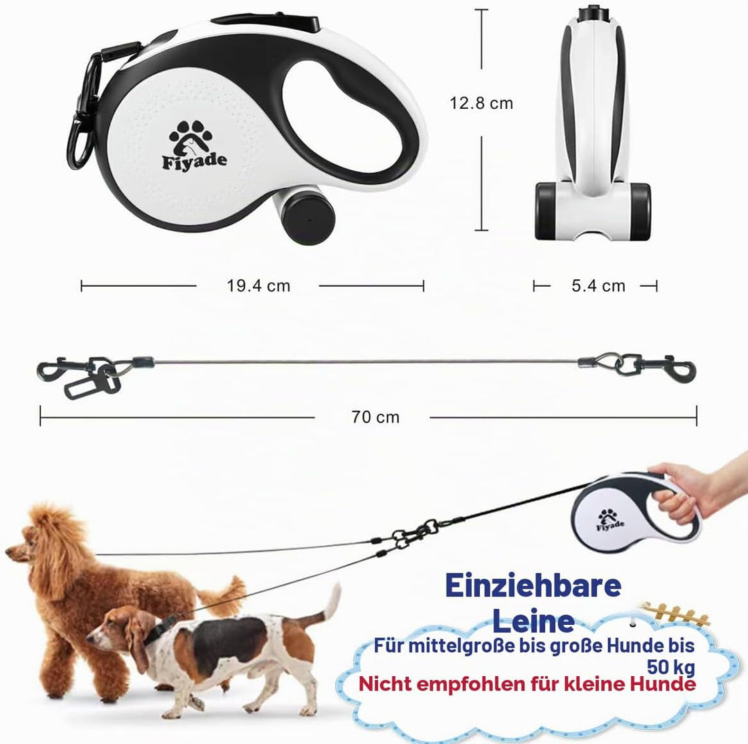 Einziehbare Hundeleine, 5 m Ausziehbare Leine mit 2 kaufesten Kette, Doppelhundeleine für 2 Hunde, V