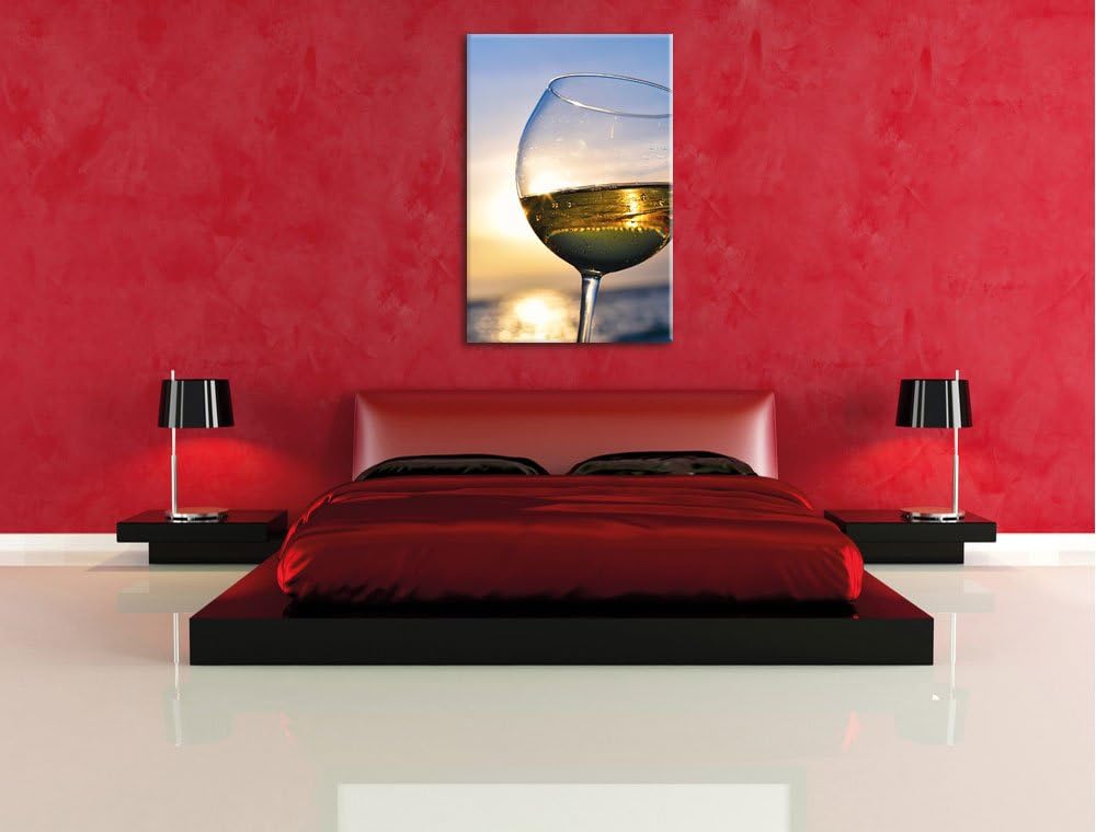 Pixxprint Weingläser im Sonnenuntergang am Meer, Format: 100x70 auf Leinwand, 100x70
