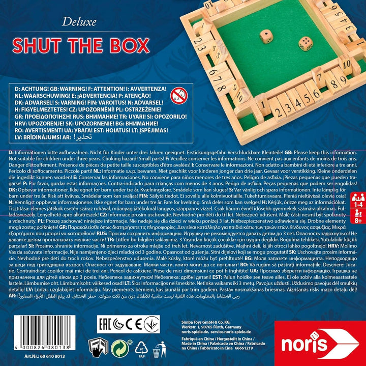 Noris 606108013 Deluxe Shut The Box - Das Beliebte Würfelspiel Aus Holz Für 1 Bis 4 Spieler Ab 8 Jah