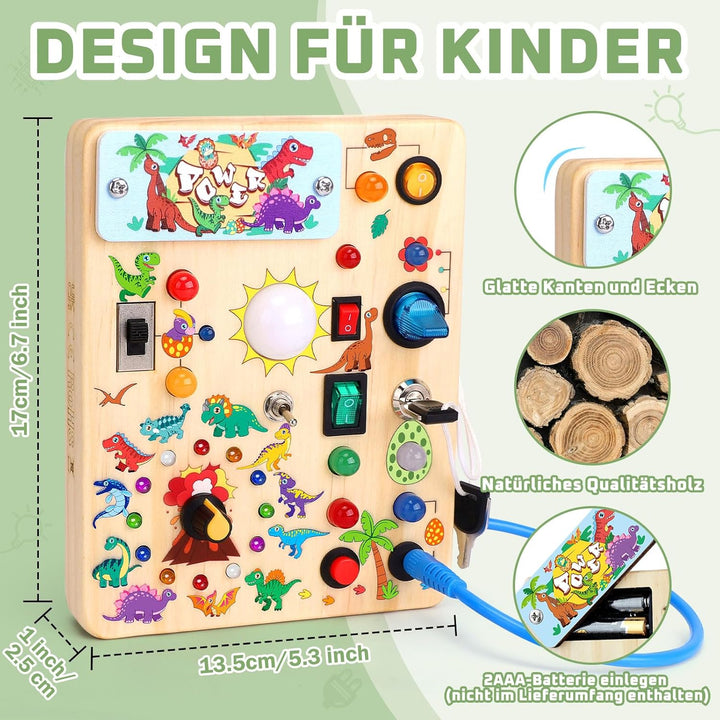 Dinosaurier Busy Board Montessori Spielzeug ab 1 jahr Activity Board Holzspielzeug Mit 10 Schaltern