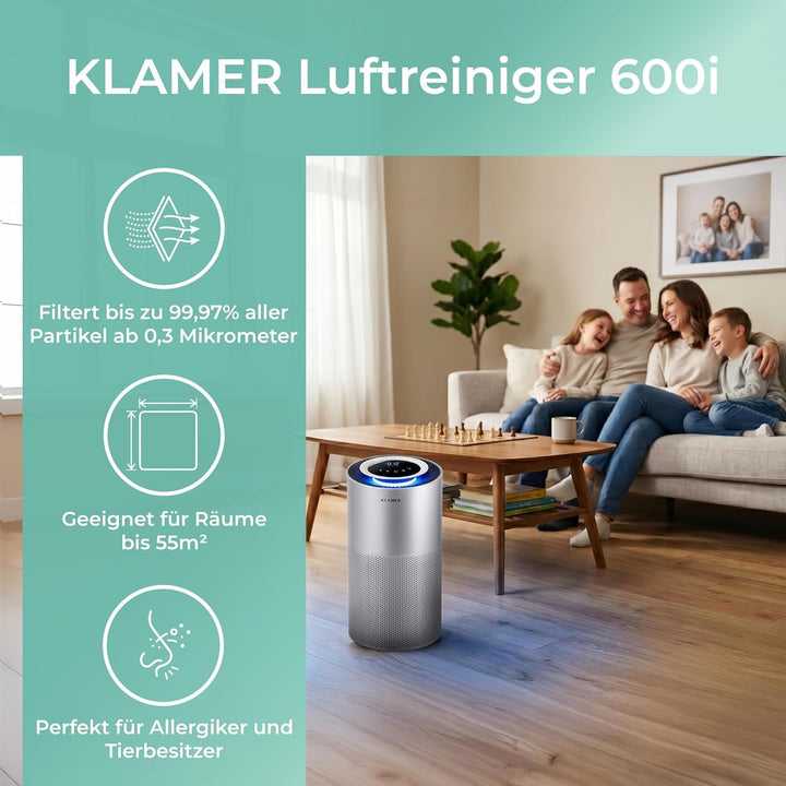 KLAMER Luftreiniger 600i mit HEPA Filter, CADR Spitzenleistung von 450 m³/h, für Räume bis 55m², ent