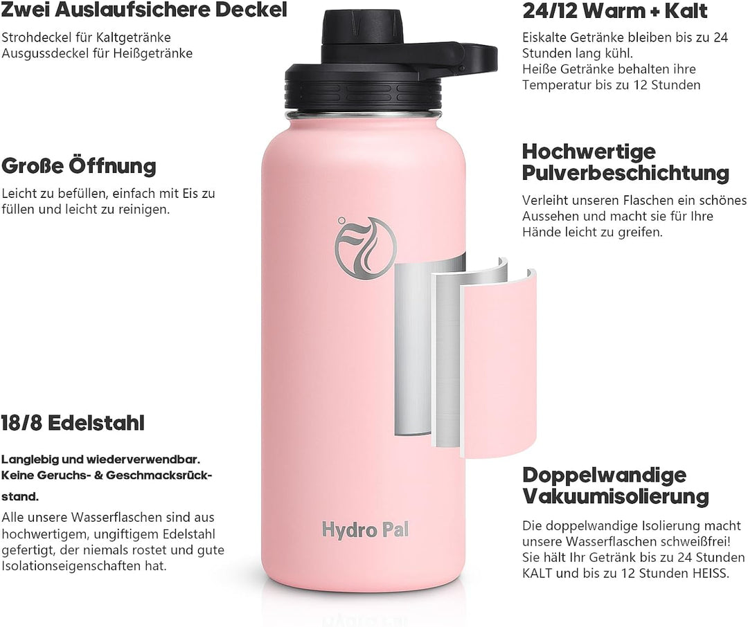 HydroPal Edelstahl Trinkflasche - 750ml, 1L, 1,2L, BPA-Frei, Kohlensäure geeignet, Isolierte Thermos