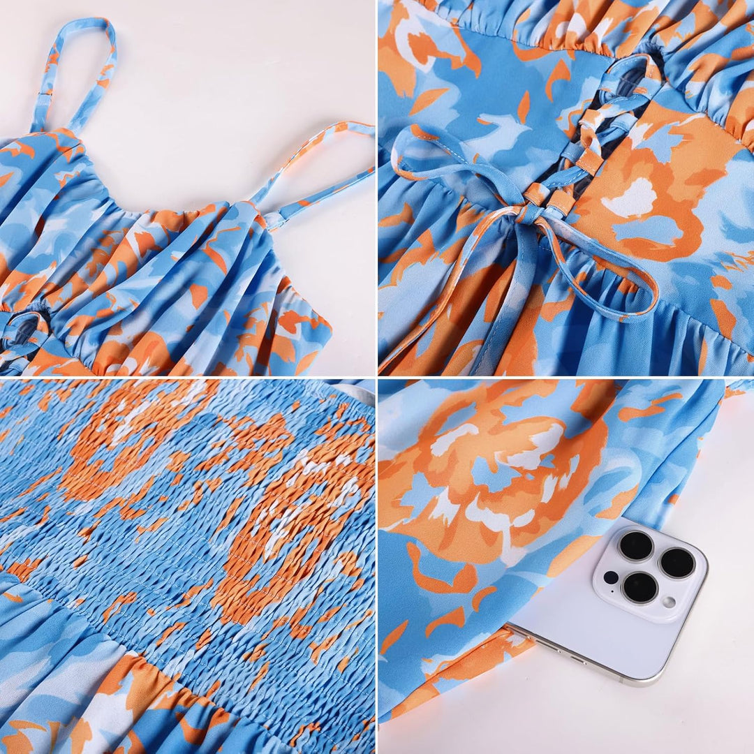 GRACE KARIN Damen Sommerkleid A-Linie Blumenkleid Casual Strandkleid Trägerkleid Midi Boho Kleid Fre