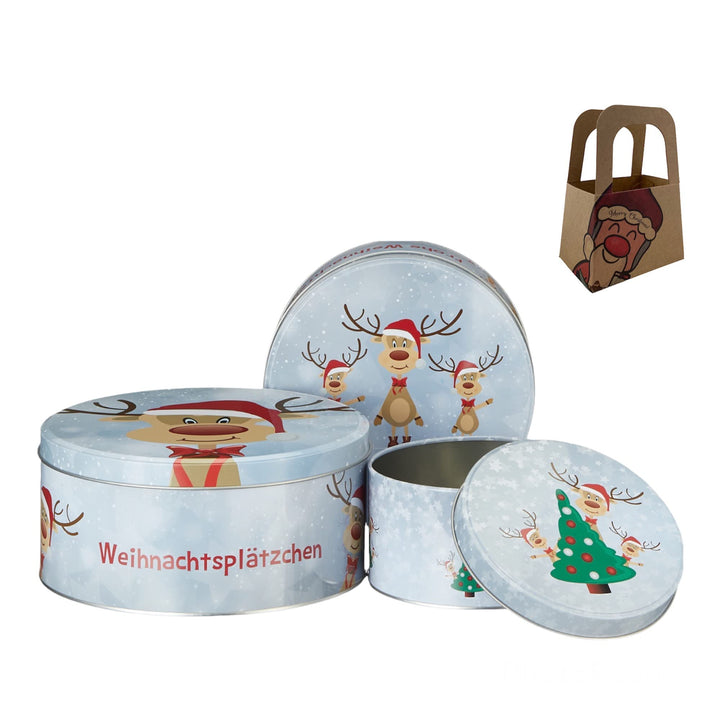 Geschenkset Keksdose Plätzchendose Metalldose 3er Set "Rentier Ole" Weihnachten mit süsser Rentier M