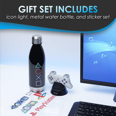 Paladone Playstation Geschenkset mit Symbolen, Licht, Stickern und Flasche, offizielles Lizenzproduk