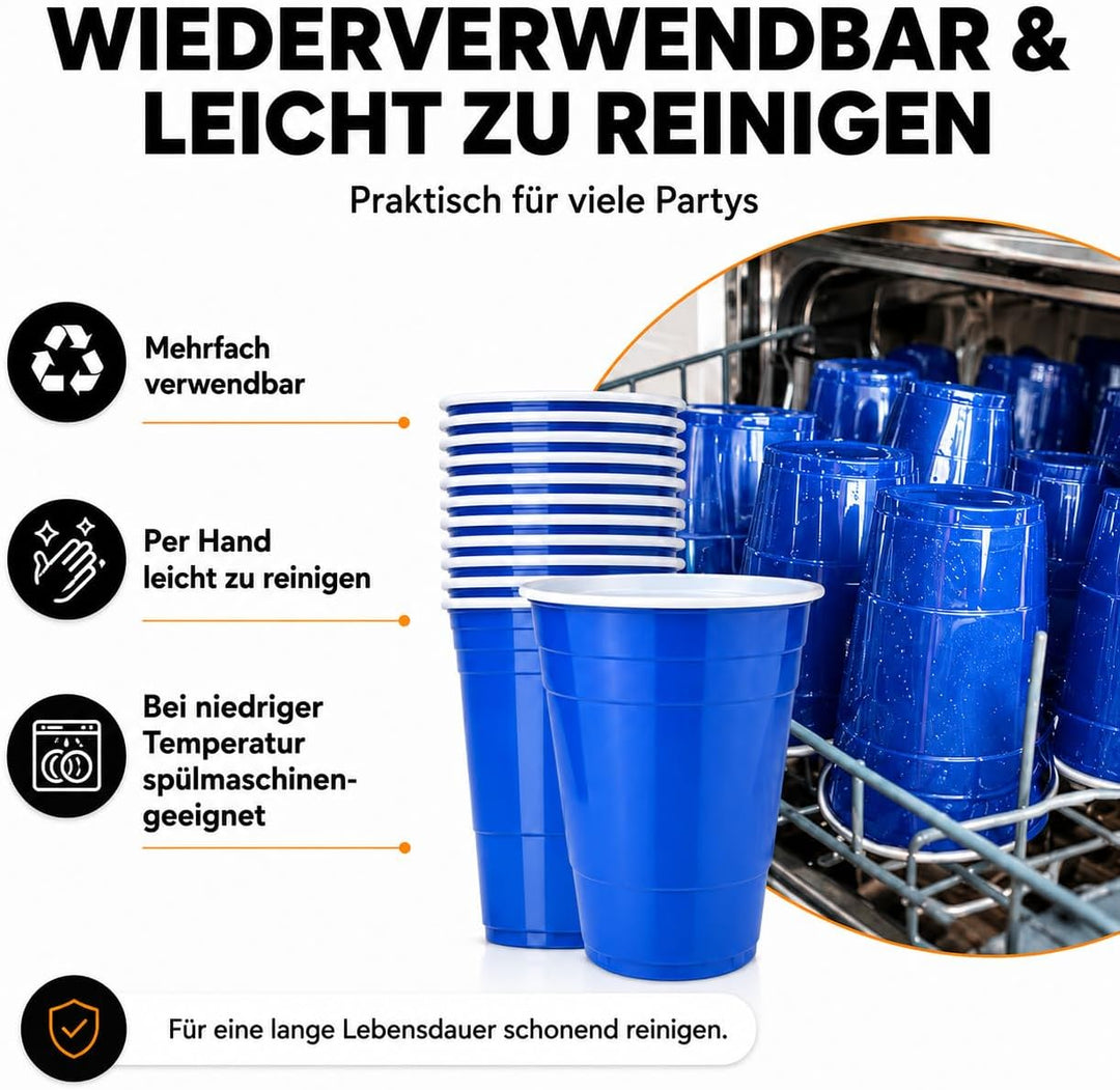 MYBEERPONG® Blaues Bierpong Becher Set: 100 Blue Cups (Markierung 0,4l + 0,5l) + 6 Beer Pong-Bälle -