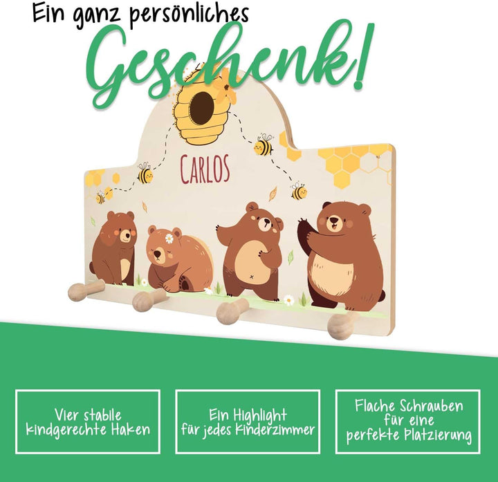 GRAVURZEILE Personalisierte Kindergarderobe - Bären & Bienen - Personalisiert mit Name - Garderobe a