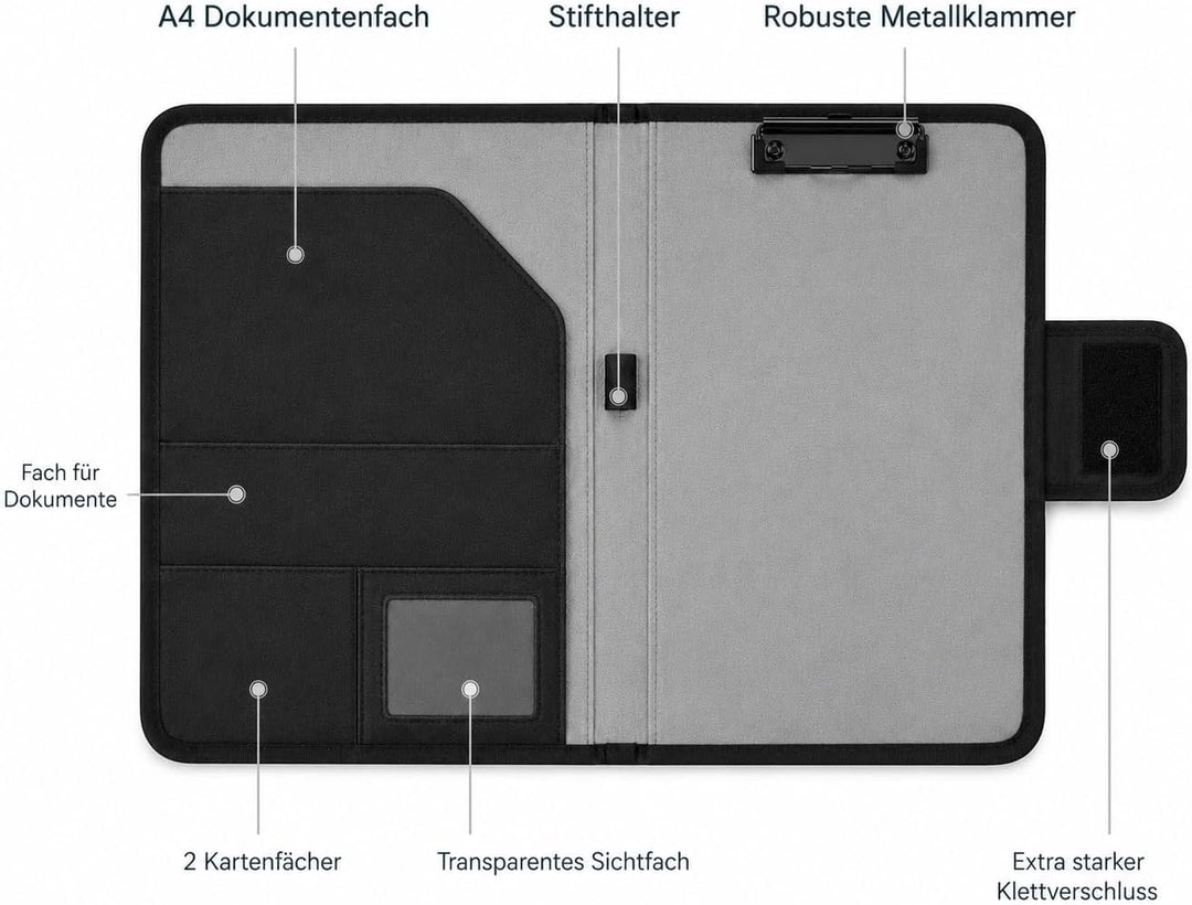 A4 Klemmbrett Mappe mit Dokumentenfach, Stifthalter &amp; Klettverschluss