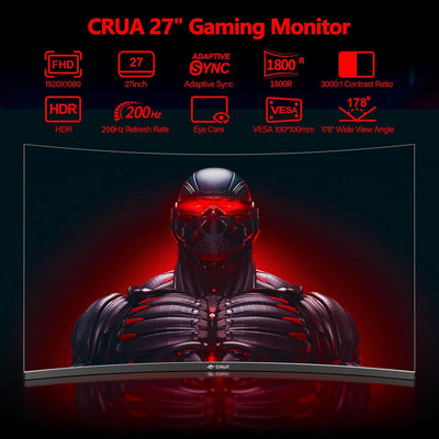 CRUA 27'' Curved Gaming Monitor, FHD 1080P, 200Hz, 1ms GTG, 1800R Curvature, FreeSync, Low Motion Bl