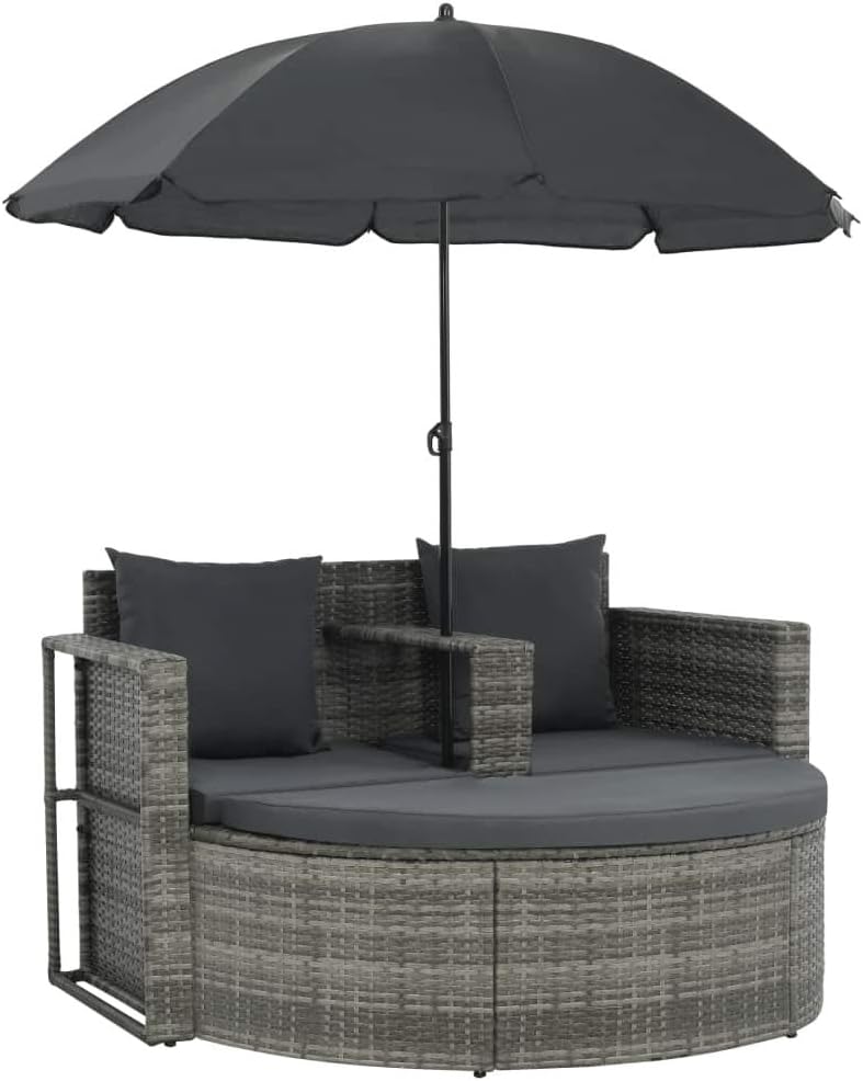 Festnight Polyrattan Gartensofa 2-Sitzer mit Sonnenschirm und Fusshocker |Gartenmoebel Sonneninsel R