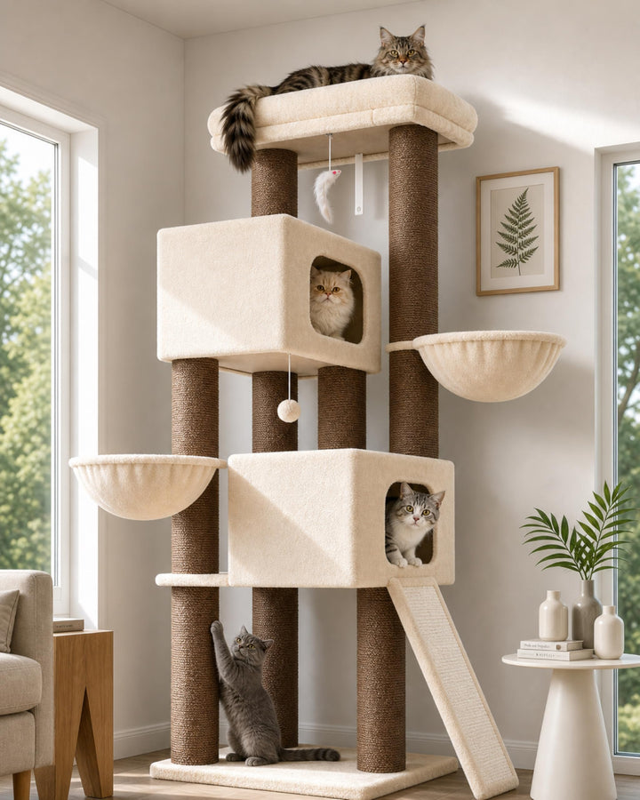Globlazer Beige Kratzbaum Dicke Stämme 11CM für Grosse Katzen mit 2 Extragross Katzenhaus 50*35*30cm
